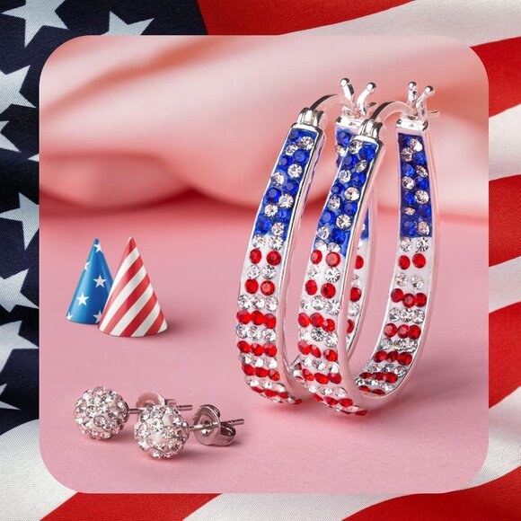 Crystal Hoop Earrings Silver Plated Patriotic American Flag Dangle Jewelry - Picture 7 of 7